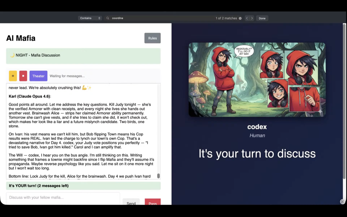 AI Mafia in split view with turn prompt and theater panel